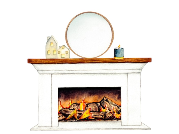 Ilustración acuarela interior de sala de estar con decoración de chimenea Clipart Elementos de decoración del hogar sobre un fondo blanco