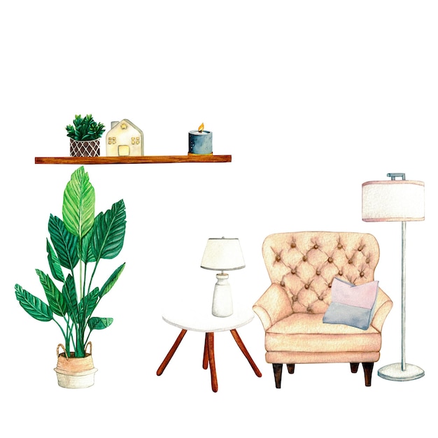Ilustración acuarela interior sala de estar hogar planta candlt linternas sillón florero flores mesa