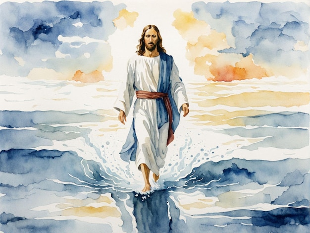 Ilustración en acuarela de Jesucristo caminando sobre el agua