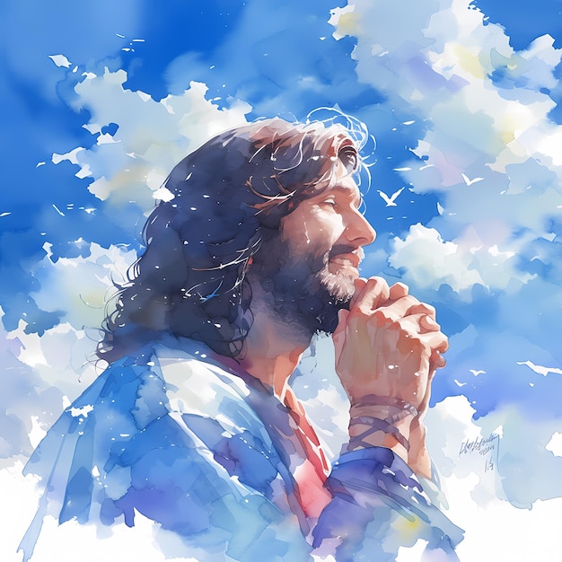 Foto ilustración en acuarela de jesucristo contemplativo