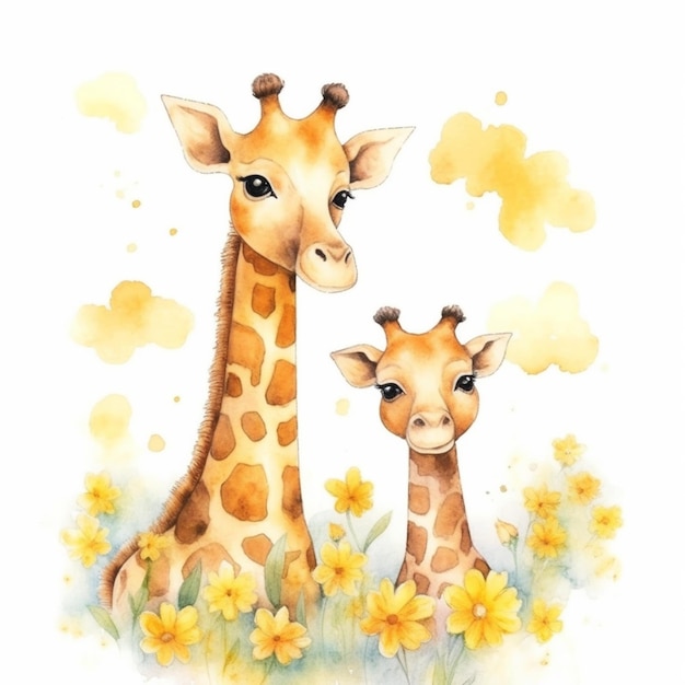 Ilustración acuarela de una jirafa y su mamá