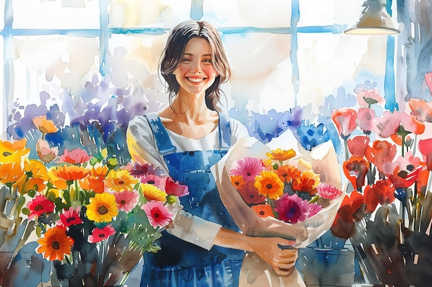 Ilustración en acuarela de una joven florista sonriente con un ramo en sus manos en una tienda de flores