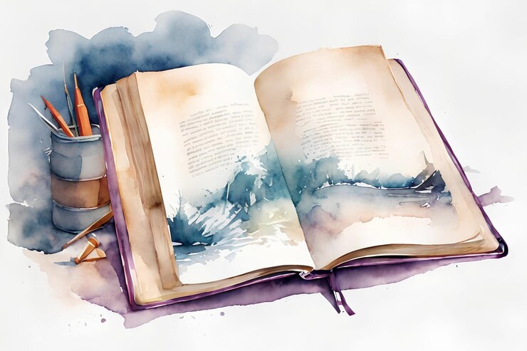 Ilustración en acuarela de un libro abierto con lápices y pinceles