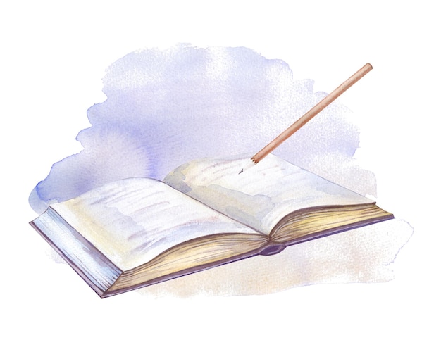 Ilustración en acuarela de un libro con un lápiz en el fondo de un punto de acuarela azul cada uno
