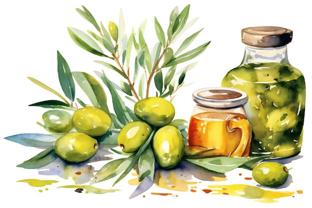 Una ilustración en acuarela de una limonada y aceite de oliva