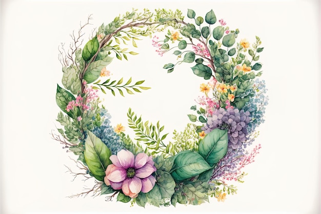 Ilustración acuarela de linda corona floral de primavera