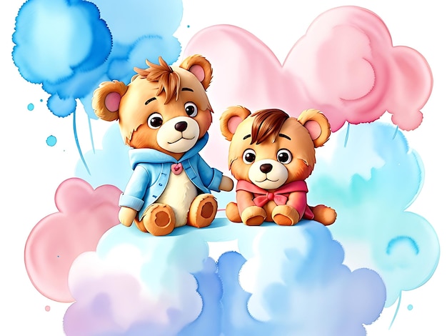 Foto ilustración en acuarela de una linda pareja de osos de peluche en la nube