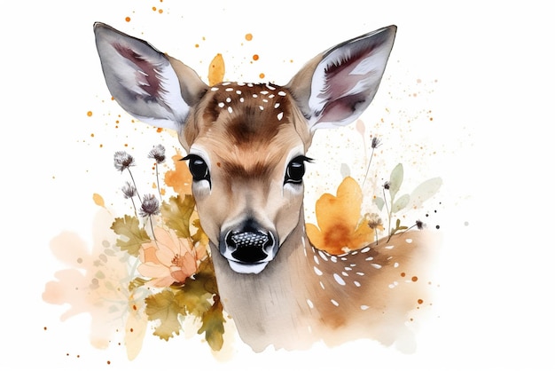 Ilustración de acuarela de lindo ciervo rodeado de flores y salpicaduras de pintura de acuarela sobre un fondo blanco IA generativa