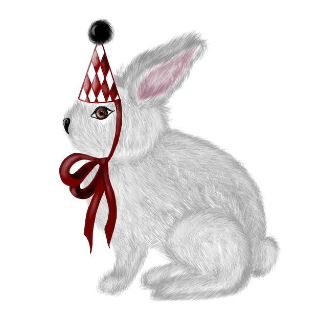 Ilustración en acuarela de un lindo conejo blanco en un aislamiento de gorra roja vintage sobre un fondo blanco