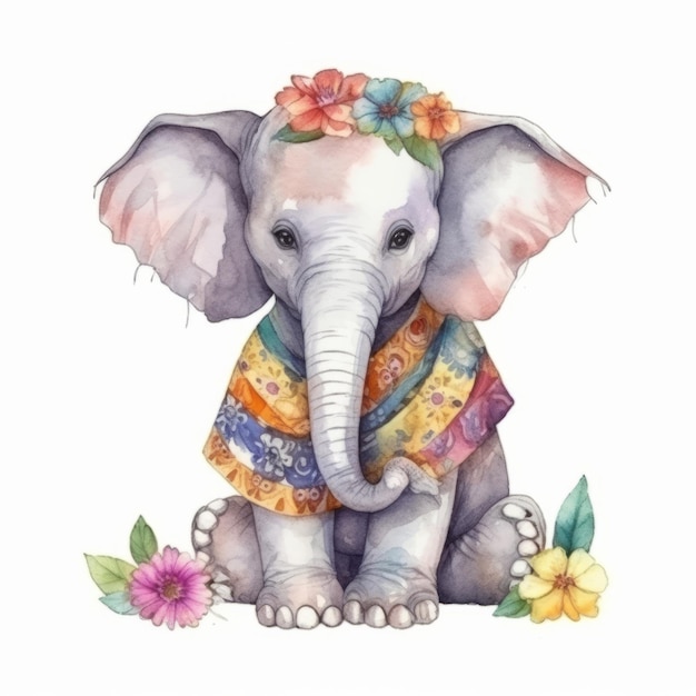 Ilustración en acuarela de un lindo elefante con una bufanda con flores