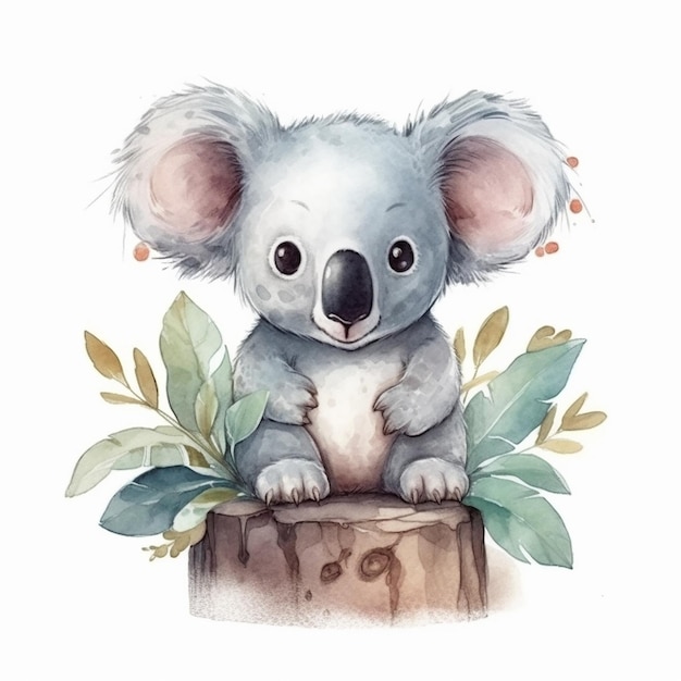 Ilustración acuarela de un lindo oso koala aislado sobre fondo blanco