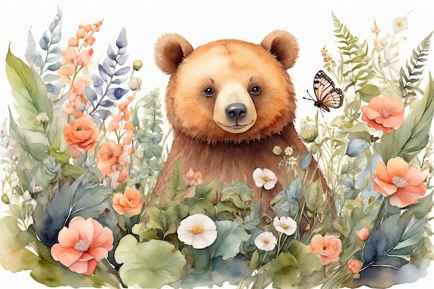 Ilustración en acuarela de un lindo oso marrón entre las flores y las mariposas