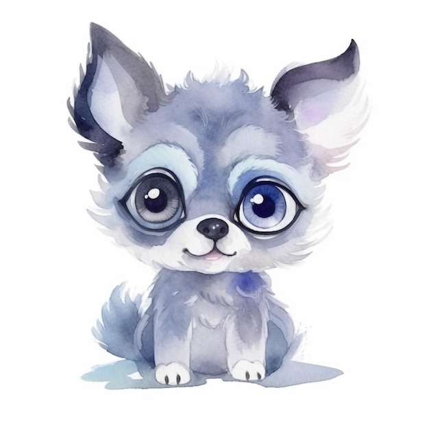 Ilustración acuarela de un lindo perrito con ojos azules.