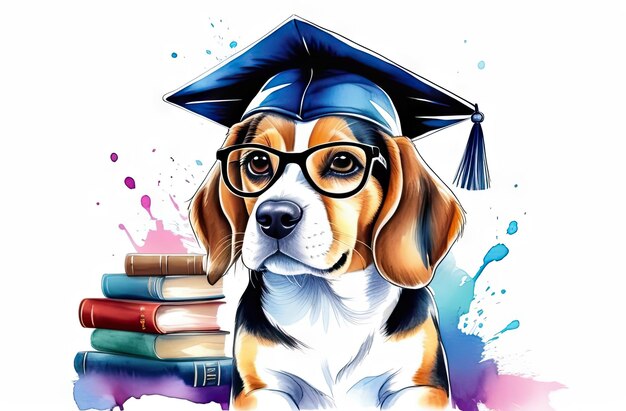 Foto ilustración en acuarela de un lindo perro beagle con gorra de graduación y rodeado de libros