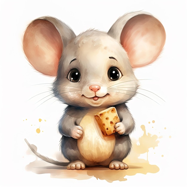 Ilustración acuarela de un lindo ratón de dibujos animados sosteniendo un trozo de queso en sus patas