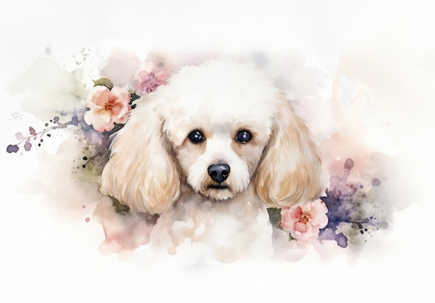 Ilustración de acuarela de un lindo retrato de caniche rodeado de flores y salpicaduras de pintura de acuarela sobre fondo blanco IA generativa