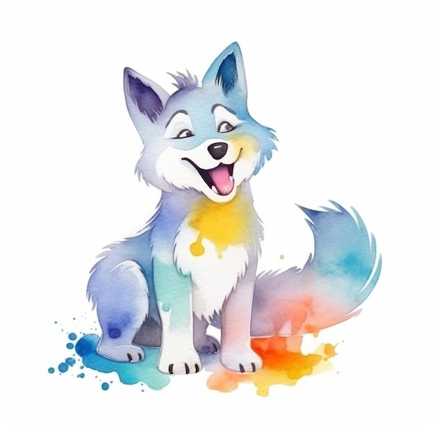 Ilustración acuarela de un lobo con cola azul.