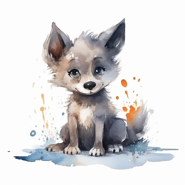 Ilustración acuarela de un lobo lindo aislado sobre fondo blanco