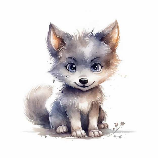 Ilustración acuarela de un lobo lindo aislado sobre fondo blanco