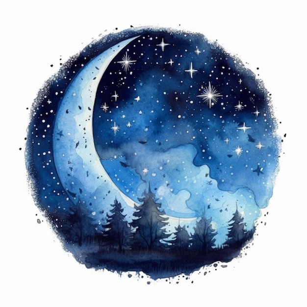 Ilustración acuarela de una luna creciente con estrellas y la luna al fondo.
