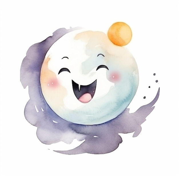 Una ilustración en acuarela de una luna sonriente con una sonrisa en ella.