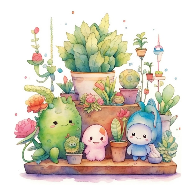 Una ilustración acuarela de una maceta y un cactus.