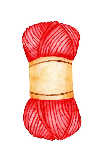 Ilustración acuarela de una madeja de hilo rojo La lana está enrollada en una bola