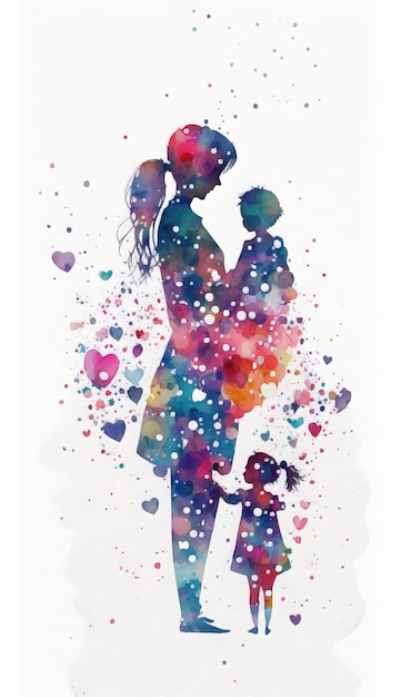 Ilustración acuarela de madre e hija o hijo rodeada de corazones