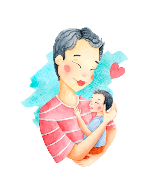 Foto ilustración acuarela de madre e hijo aislada sobre fondo blanco. mamá y niño en pintura de color azul.