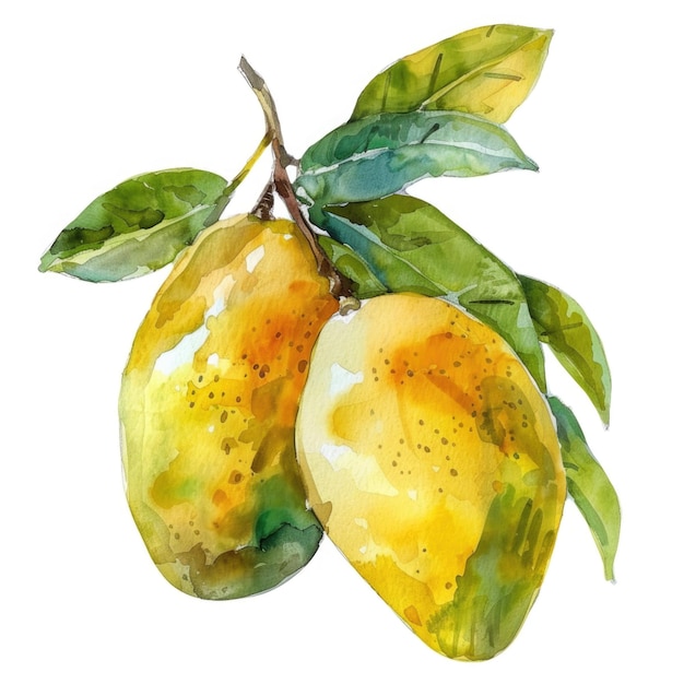 Ilustración en acuarela de un mango maduro con hojas verdes