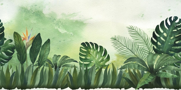 Ilustración en acuarela marco de pancarta o plantilla composición de hojas tropicales Impresión sin costuras para papel tapiz para niños Plantas tropicales verdes dibujadas a mano en fondo abstracto