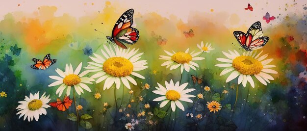 Ilustración acuarela de mariposas revoloteando sobre flores silvestres en primavera IA generativa