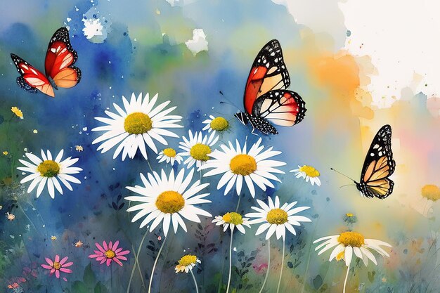 Ilustración en acuarela de mariposas revoloteando sobre flores silvestres en primavera IA generativa