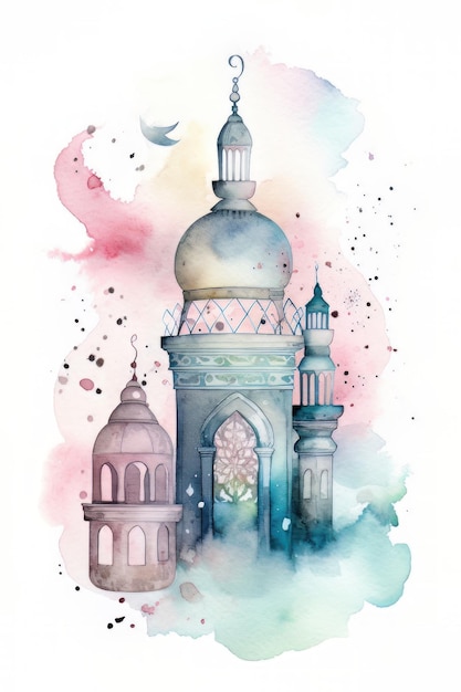 Ilustración en acuarela de la mezquita Ramadán Kareem Eid Mubarak