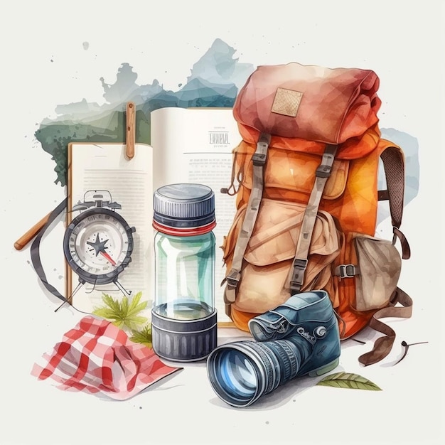 Una ilustración en acuarela de una mochila y una brújula.