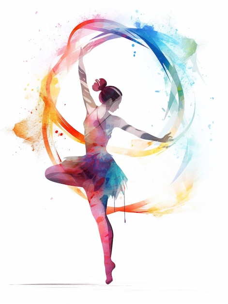 Foto ilustración en acuarela de una mujer bailando con un vestido vibrante creado con tecnología de ia generativa