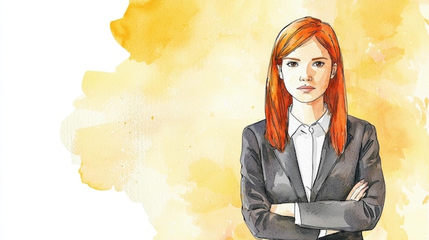 Ilustración en acuarela de una mujer blanca adolescente con cabello liso y rojo