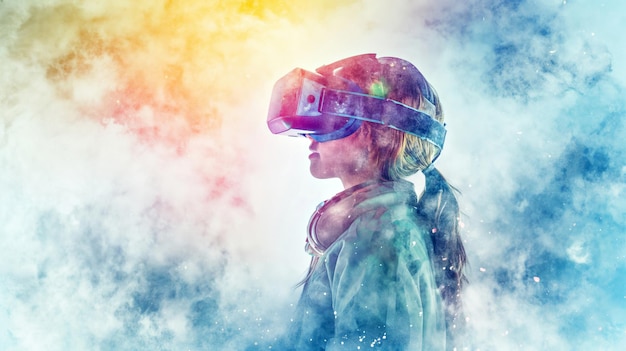 Ilustración en acuarela de una mujer con gafas de realidad virtual Experiencia de realidad virtual Tecnologías del futuro
