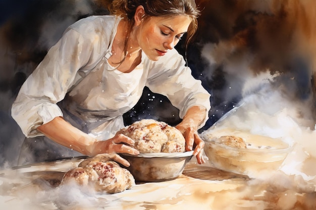 Ilustración en acuarela de una mujer joven cocinando pan.