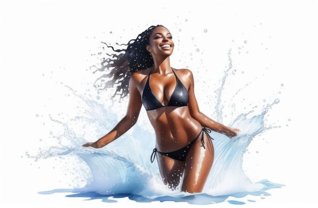 Foto ilustración en acuarela de una mujer negra sexy en bikini con salpicaduras de agua traje de baño seductor