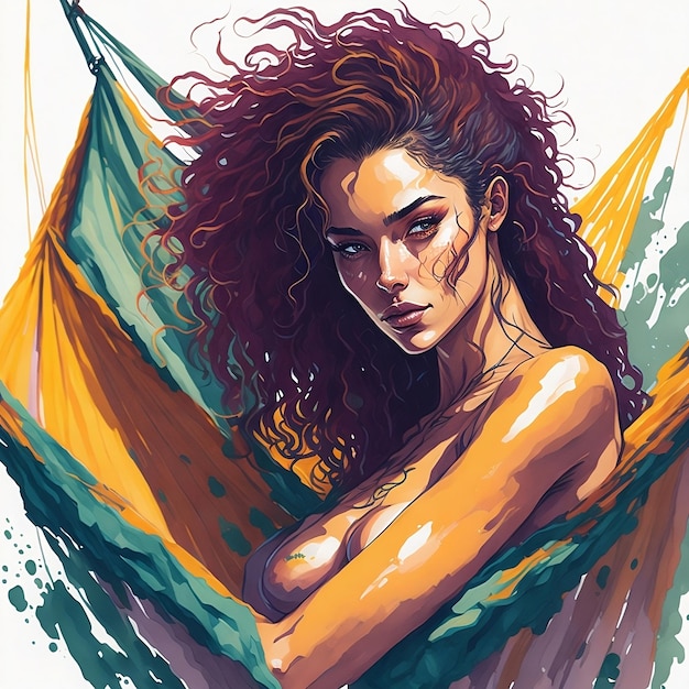 Ilustración en acuarela de una mujer sexy con rizos en un fondo abstracto