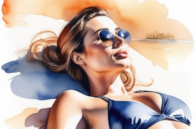 Ilustración acuarela de una mujer tomando el sol en la playa en bikini y gafas de ocio de verano