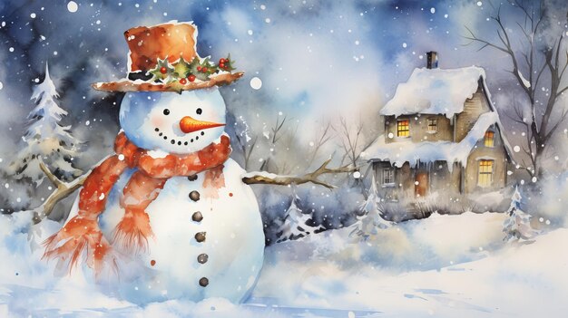 Foto ilustración en acuarela de un muñeco de nieve en el bosque de invierno tarjeta de navidad ia generativa