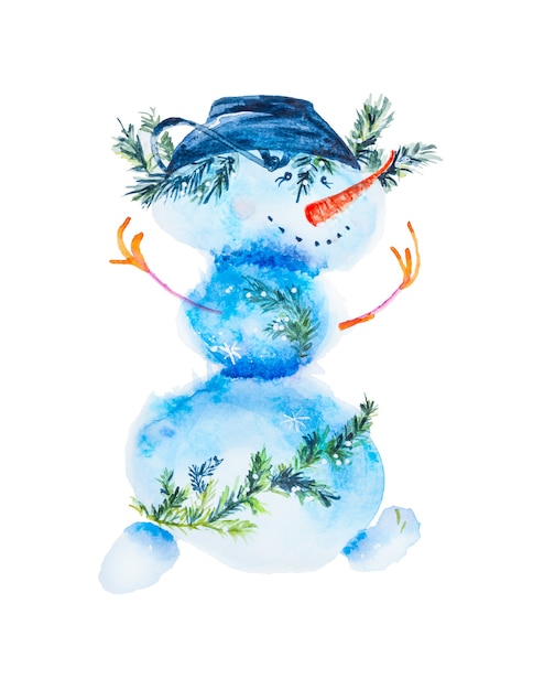 Ilustración acuarela de un muñeco de nieve con un cubo en la cabeza y ramas de árbol de Navidad bailando aislado sobre un fondo blanco.