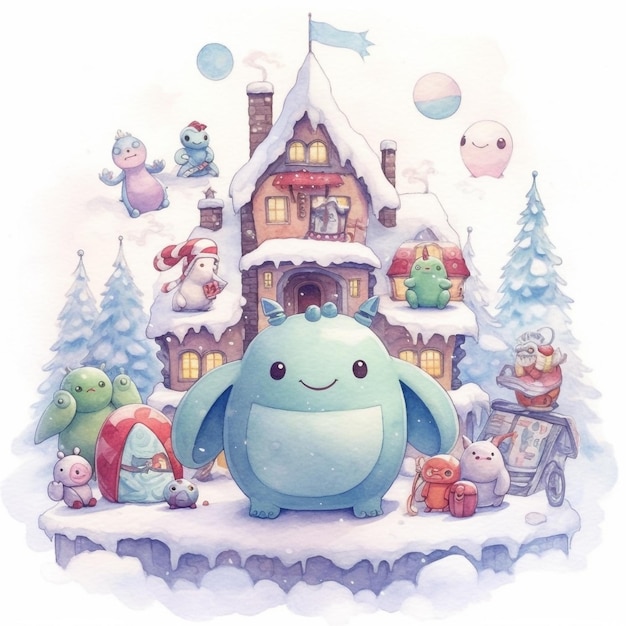 Una ilustración en acuarela de un muñeco de nieve con un muñeco de nieve y una casa al fondo.