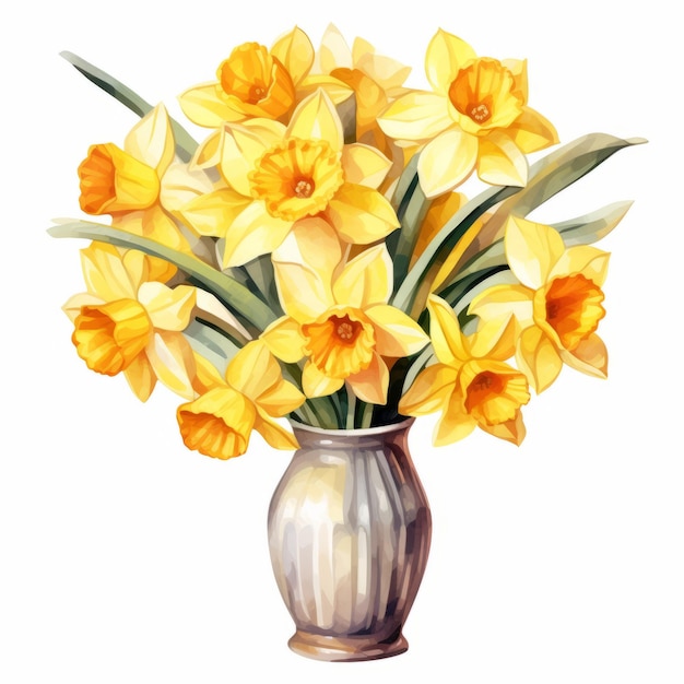 Ilustración en acuarela de narcisos amarillos en un jarrón