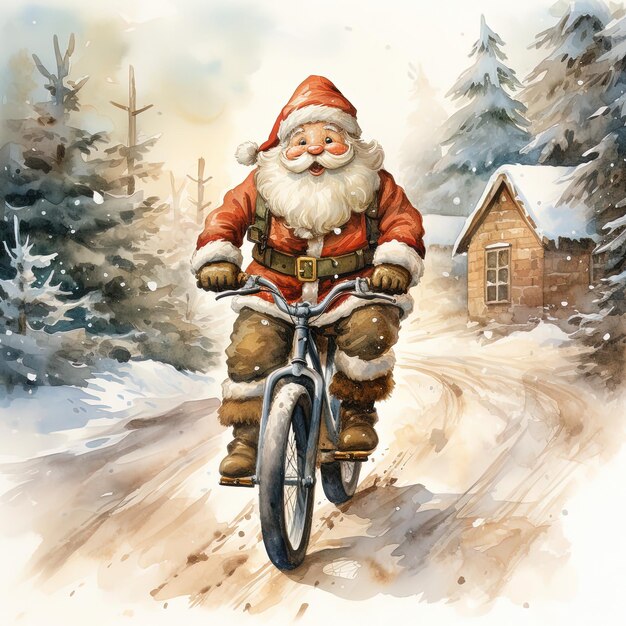 Foto ilustración en acuarela navideña de papá noel montando una bicicleta