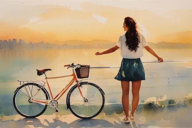 Ilustración en acuarela de una niña en bicicleta en la costa del mar IA generativa