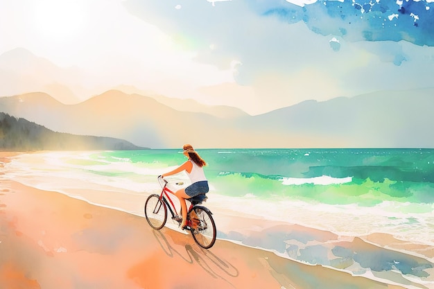 Ilustración en acuarela de una niña en bicicleta en la costa del mar IA generativa