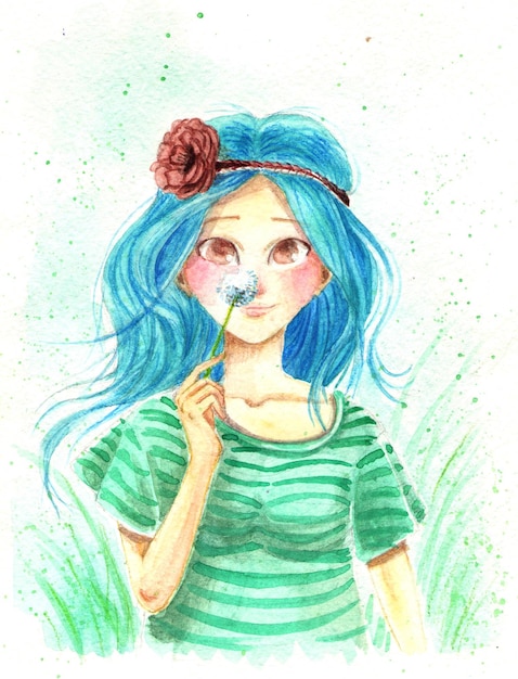 ilustración acuarela de niña de dibujos animados lindo